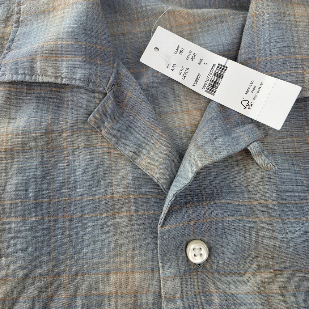 J.Crew NWT Mens Cotton Gauze Camp Collar Shirt Paul Dusty Blue Oat Plaid CC926 L
